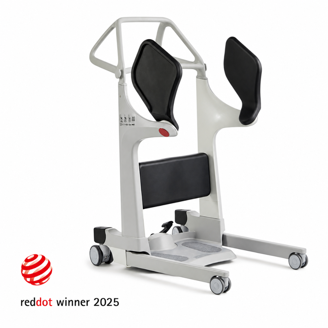 Introducing the Molift Transfer Pro - Innovative Sit-To-Stand Patient Lift, a modern mobility aid featuring padded arm and back supports on wheels, expertly designed for safe and reliable sit-to-stand transfers. The Red Dot Winner 2025 logo is displayed in the corner, highlighting its award-winning design.